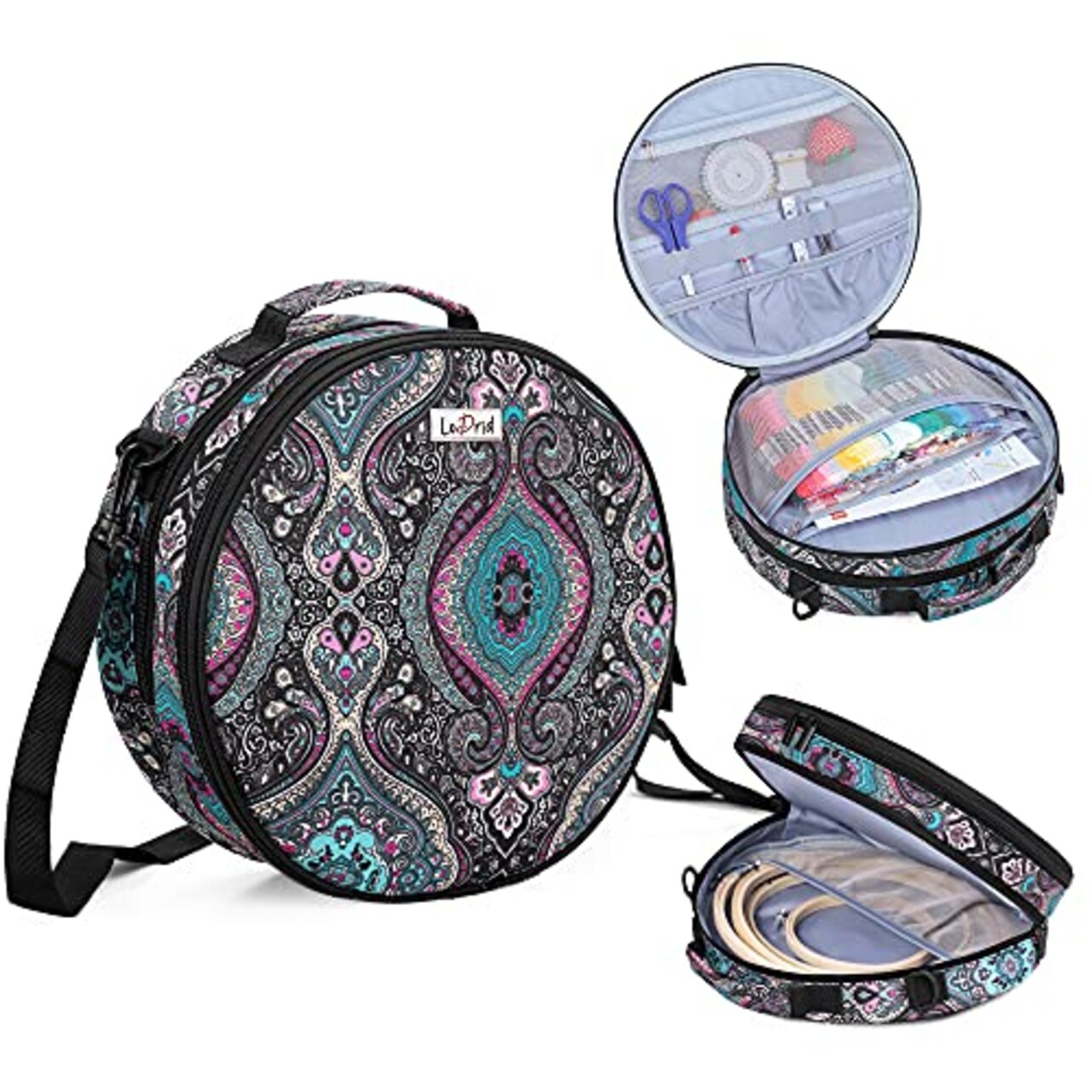 Embroidery Bag, Double-Layer Round Embroidery Project Storage Bag for Storing Embroidery Kits and Cross Stitch Kits, with Handle and Shoulder Strap, Totem, Bag Only